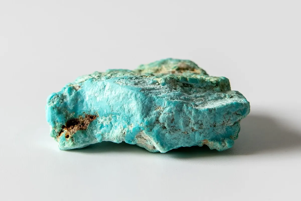 Rough piece of bright sky blue turquoise on a white studio background